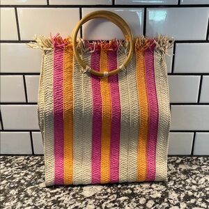 Striped Woven Tote Bag with Bamboo Handles